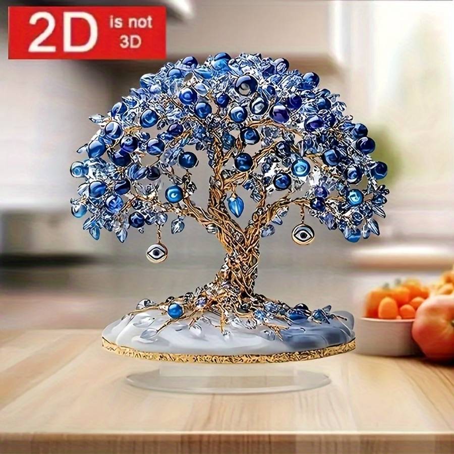1pc 2D Flat  Elegant  Turkish Evil Eye Tree Acrylic Desktop Decor Blue Clear Beads with Golde