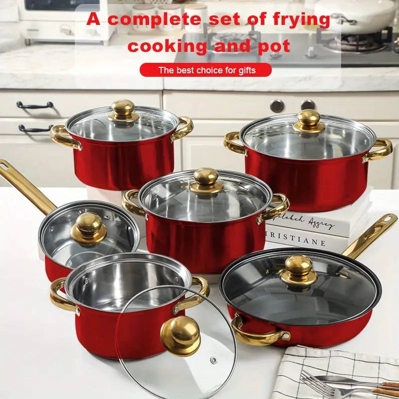 12-Piece Red Stainless Steel Frying Pan Set with Lids