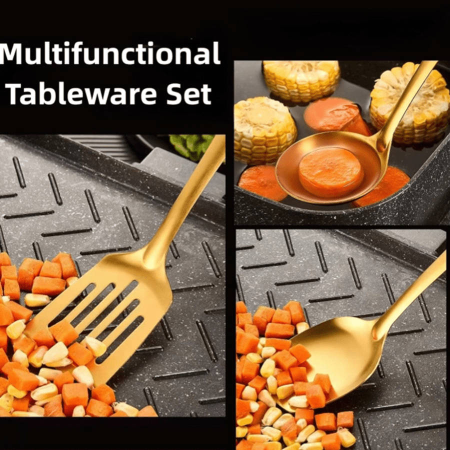 6pcs Gold-Plated Stainless Steel Kitchen Utensil Set Includes Soup Spoon Colander Frying Sh