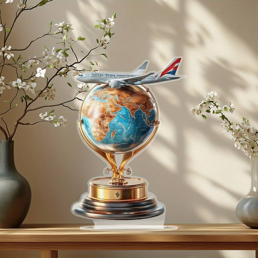 1pc 2D Flat    8-Inch Acrylic Earth Globe with Airplane Bohemian Style  Decor