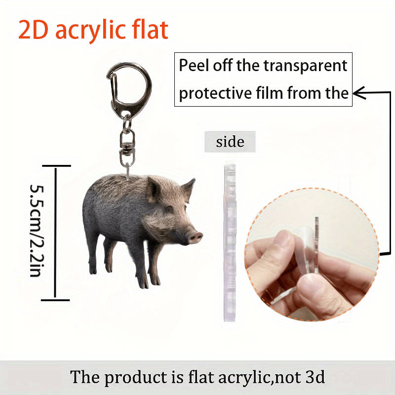 1pc 2D Flat   Cute Wild Boar Acrylic Keychain Waterproof  Design Realistic Fur Texture