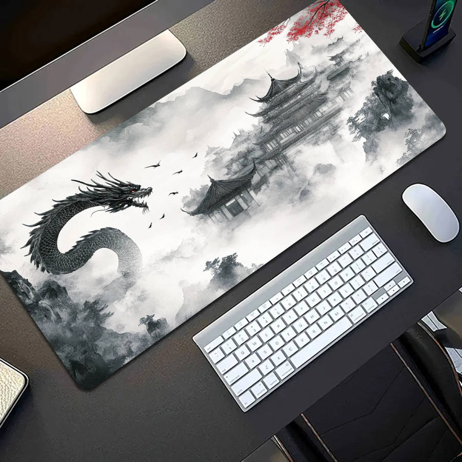 1pc 30x60cm Gaming Mouse Pad Vintage Ink-Style Dragon Design Non-Slip Rubber Desk Mat
