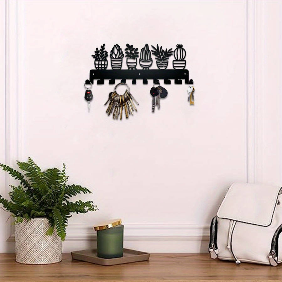 Contemporary Metal Key Holder with 10 Hooks Wall Mounted Keychain Organizer Succulent Plant Design