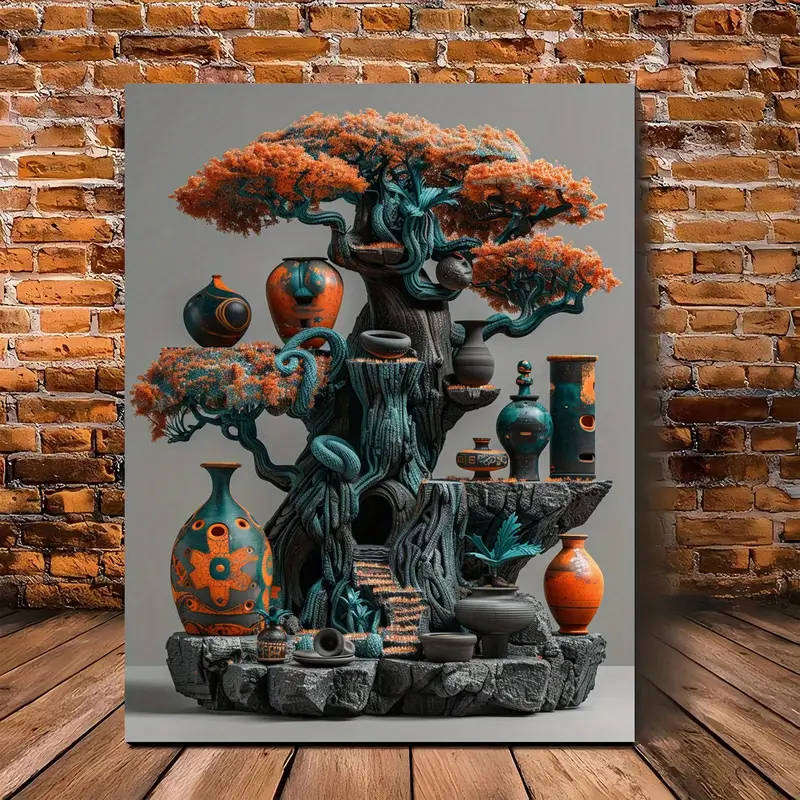 1pc Room Decor Abstract African Tree Sculpture Canvas Wall Art Wooden Framed Woven Unique Gift for H