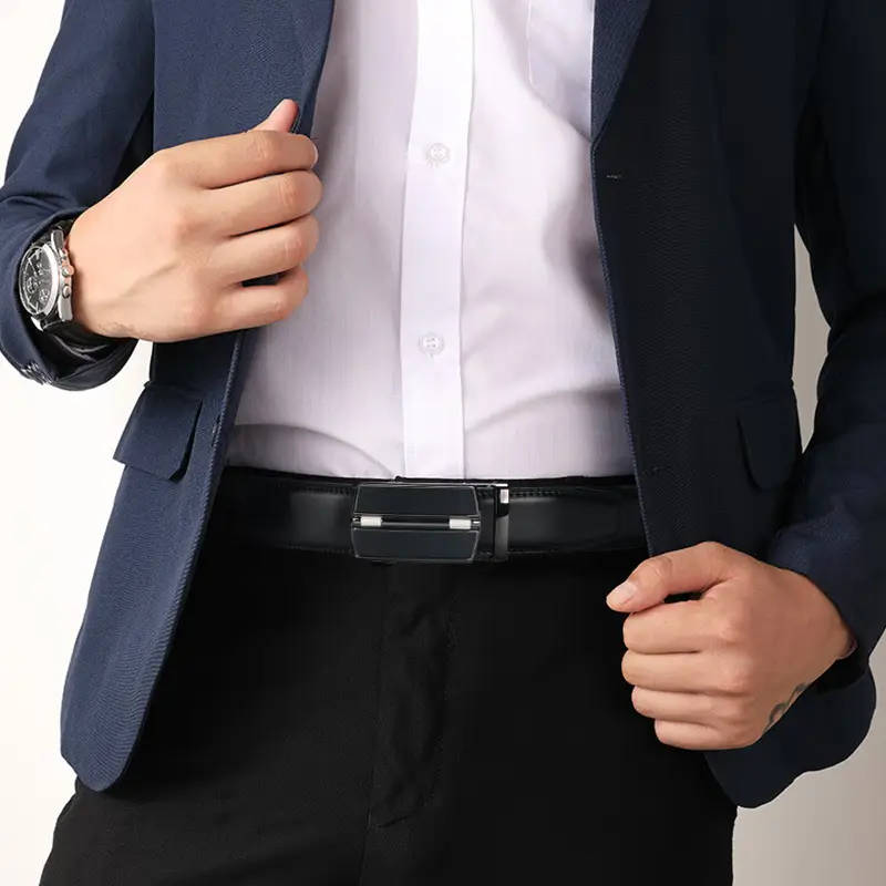 Men's Genuine Leather Ratchet Belt with Adjustable Automatic Buckle Black 125cm