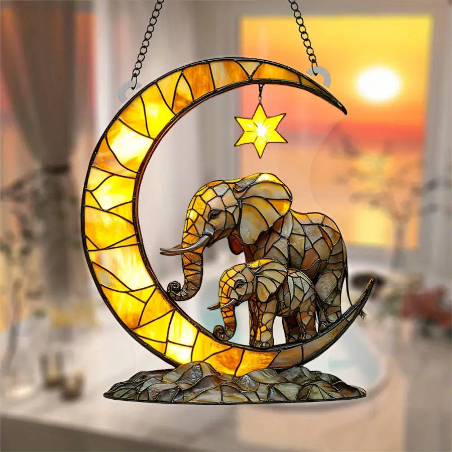 Elephant Family Moon Light Catcher 17.78Cmx20.32cm Acrylic Window Ornaments