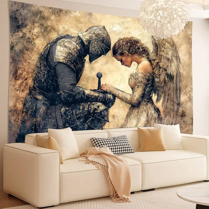BIG!! Vintage Polyester Knight and Angel Tapestry, Pre-Prayer Scene Wall Hanging for Living Room