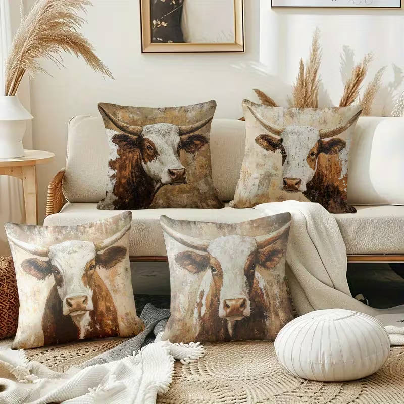 4 Piece Highland Cow Design Decorative Pillow Covers - Soft Polyester, 45.01cm x 45.01cm