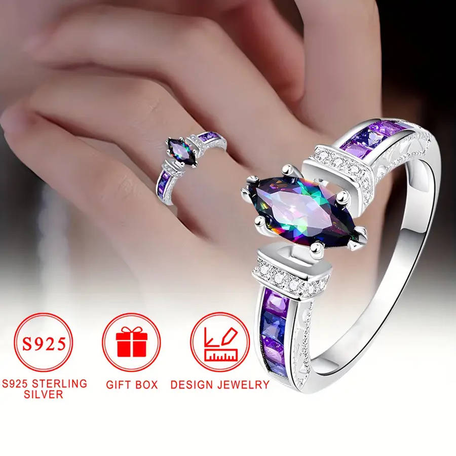 Colored Synthetic Zirconia Ring in Horse Eye Shape S925 Silver