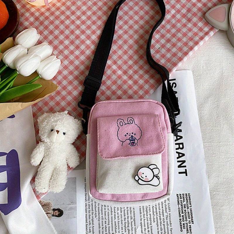 1pc Cute Bunny Canvas Crossbody Bag for Girls Simple Shoulder Messenger with Color-Block Desi