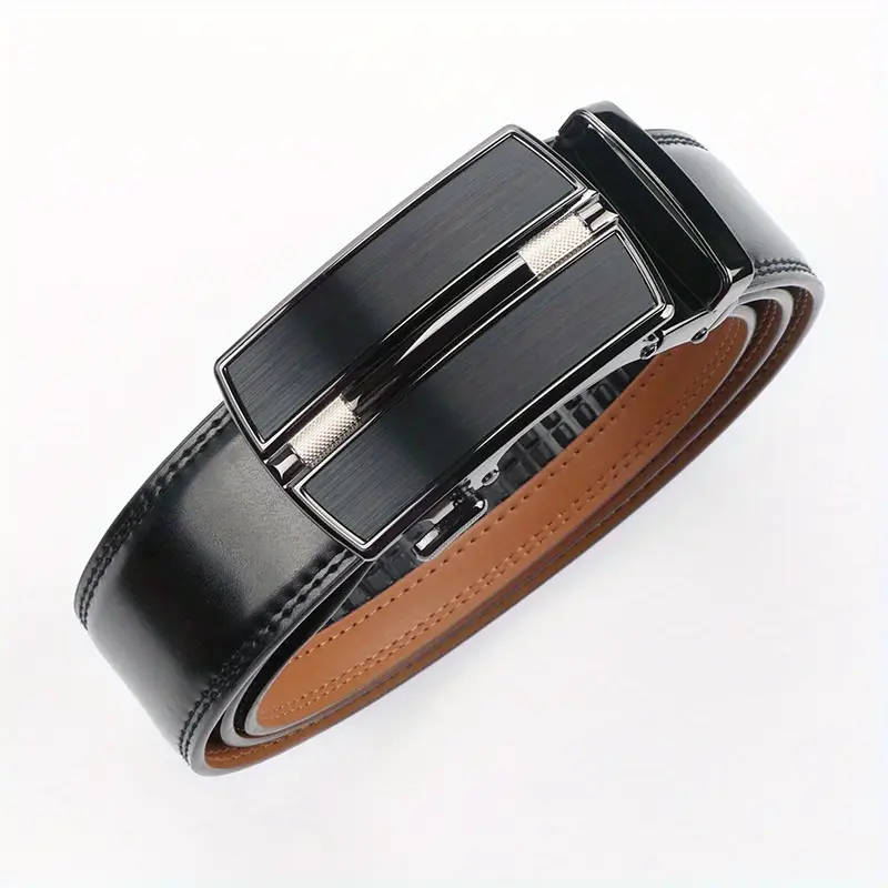 Men's Genuine Leather Ratchet Belt with Adjustable Automatic Buckle Black 125cm