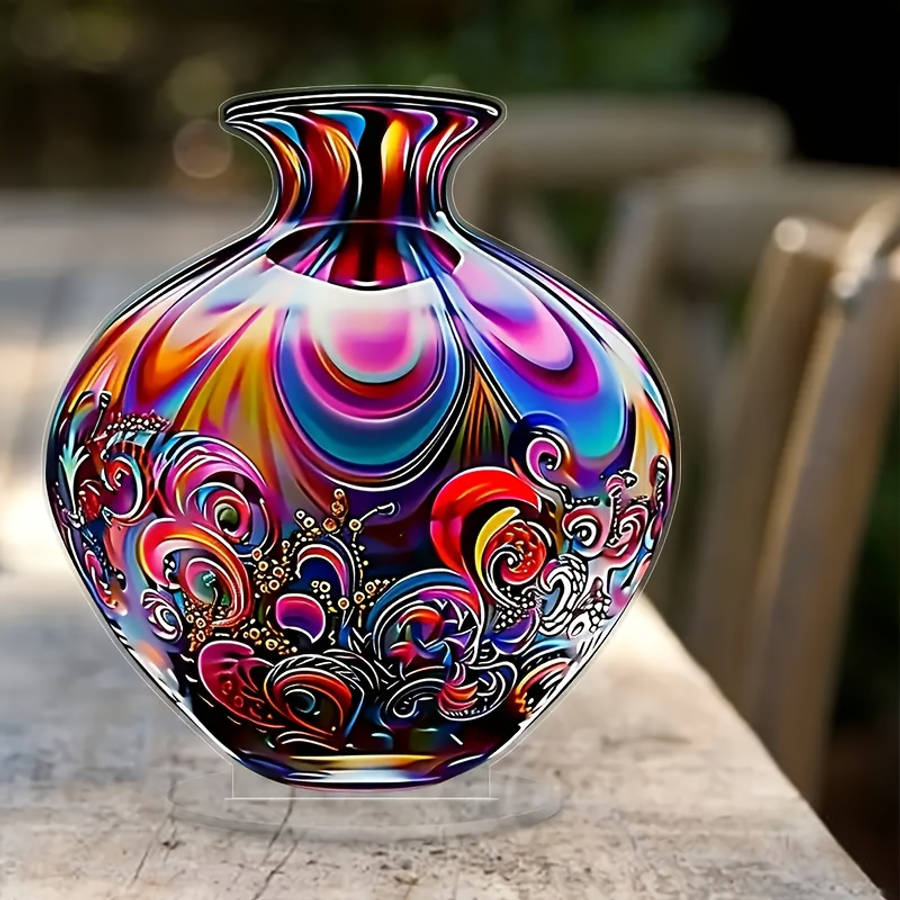 2D Flat Acrylic Vase Vibrant Floral Swirl Design High-Quality Acrylic Desktop Decor