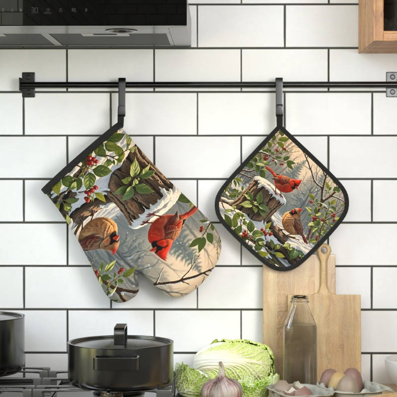 2pcs Set Cardinal Red Berries Green Leaves Oven Mitts and Pot Holders Heat Resistant Machi