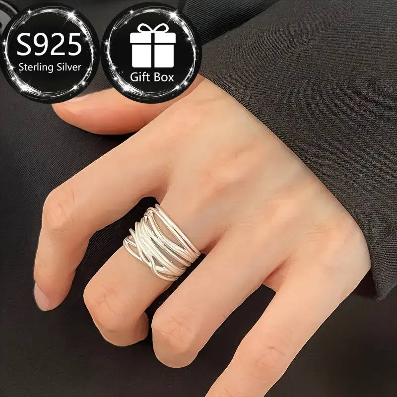 925 Silver Ring, Women's Wire-Wrapped Open Adjustable Matte Wide Thumb Ring