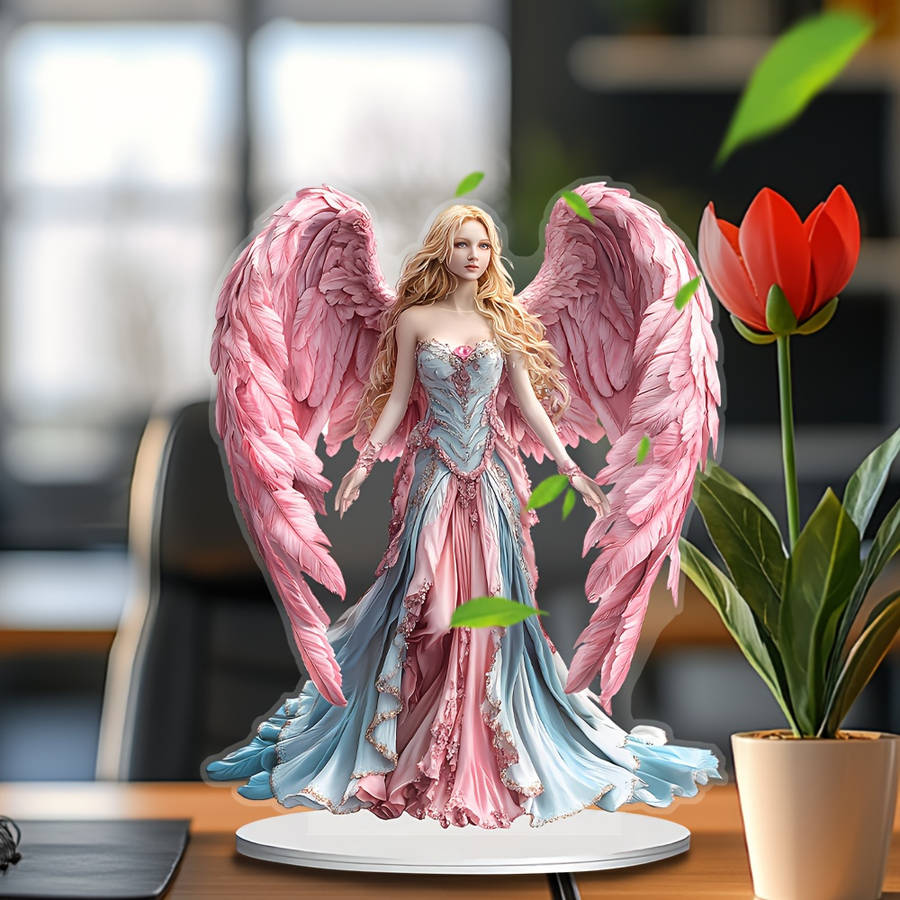 1pc 2D Flat   Bohemian Angel Figurine with Pink Wings Acrylic Desktop Decor Elegant Paste