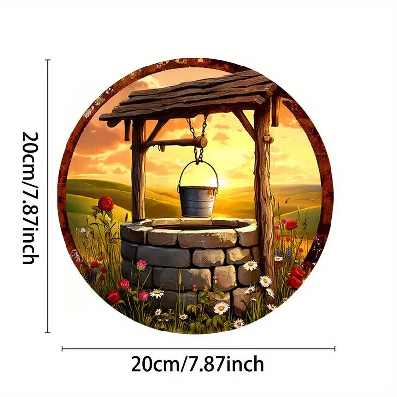 1pc Room Decor Rustic Well Sunset Aluminum Wall Art Circular Foil Engraving Sign 19.81 cm Ideal for
