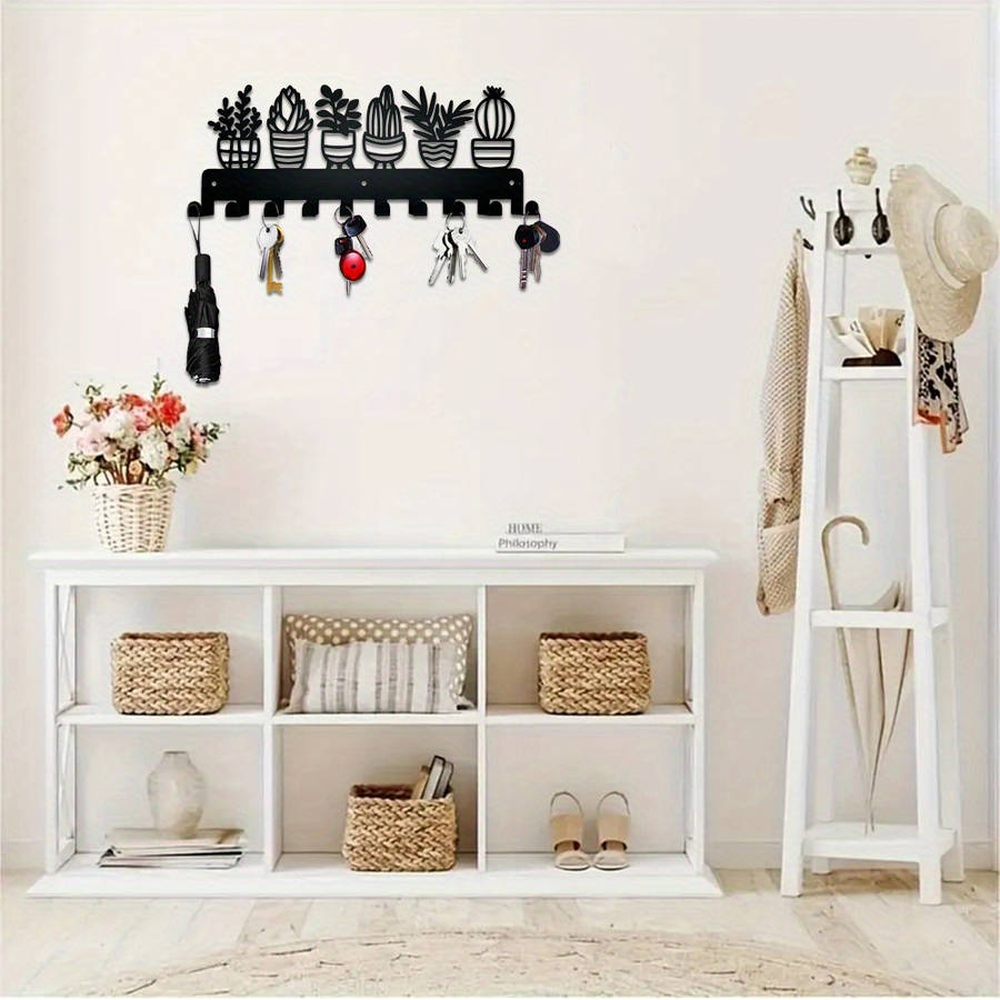 Contemporary Metal Key Holder with 10 Hooks Wall Mounted Keychain Organizer Succulent Plant Design