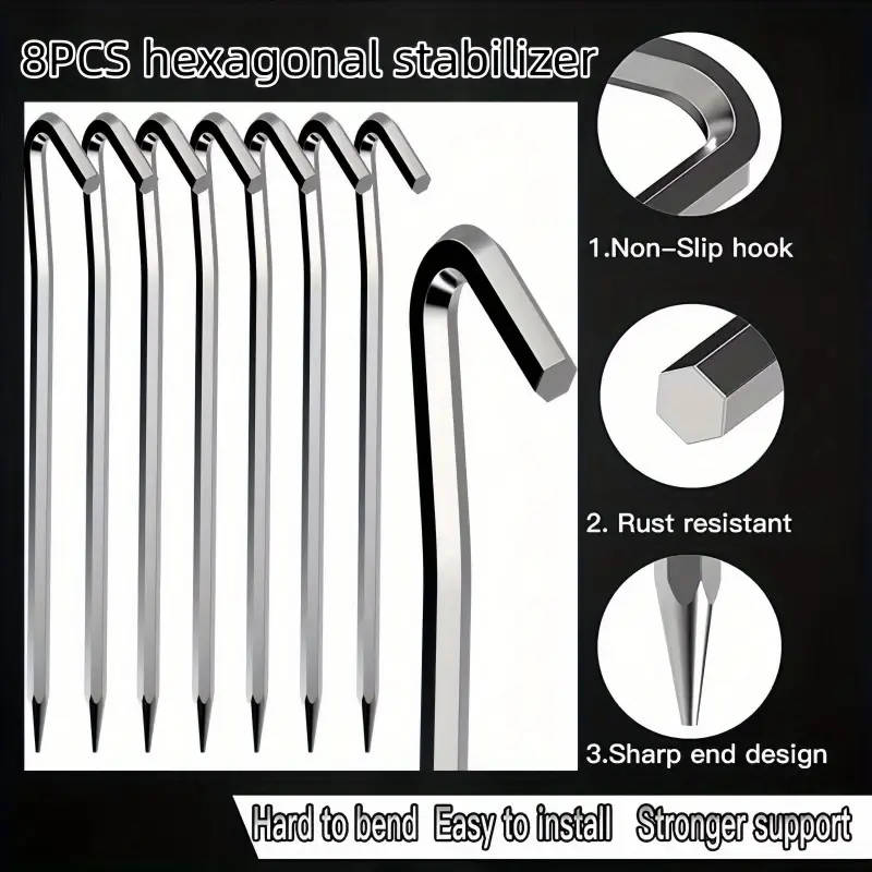 8 Pieces Metal Heavy Duty Tent Pegs with Hooks