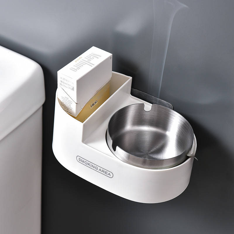 1pc Stainless Steel ABS Wall-Mounted Ashtray with Lid No-Drill Installation for Bathroom Smok