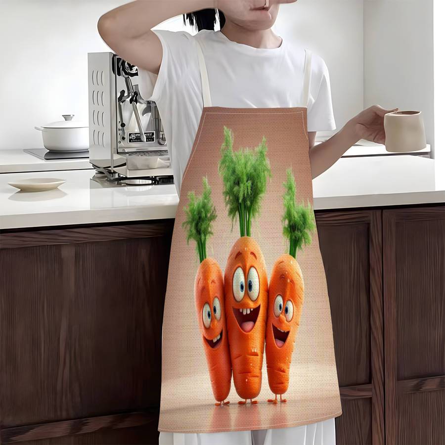 1pc Fun Carrot Print Apron 100% Linen Durable Comfortable 170gsm Woven Kitchen Apron for Co
