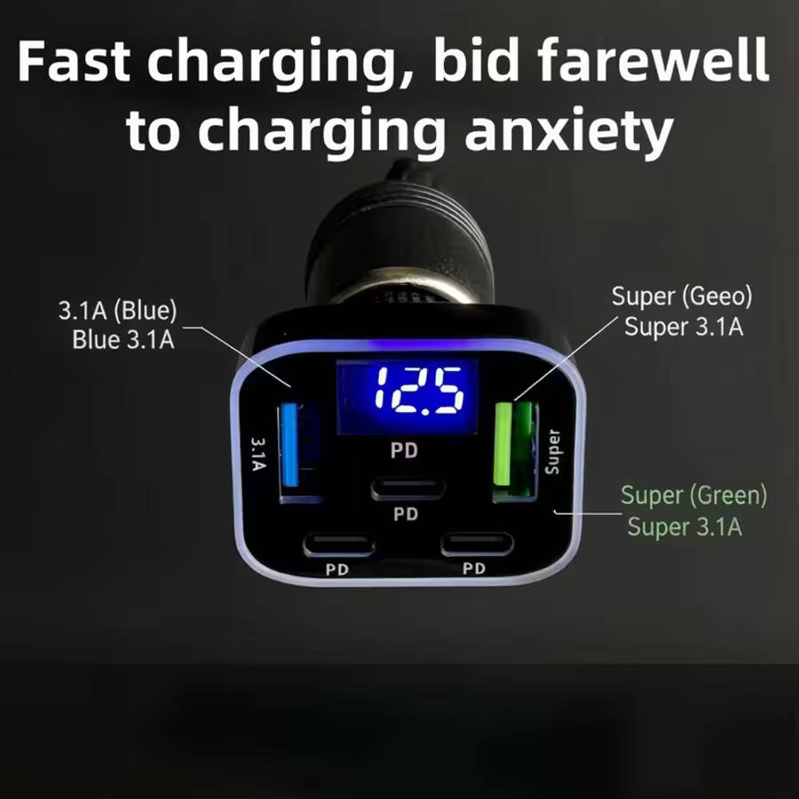 30W PD Car Charger With 5 Quick Charging Ports