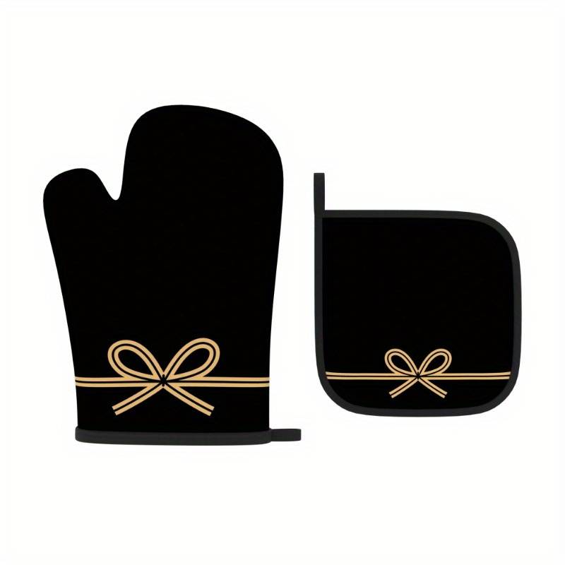 Set of 2 Heat-Resistant Oven Mitts And Pot Holders in Black Bow String Design Measuring 10.6 b