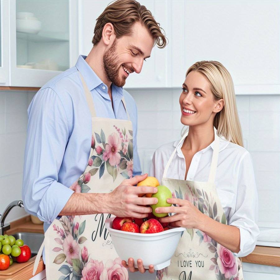 1pc Single-Piece Apron Floral Design with "I Love You Mom" Message Durable Polyester Unisex Kitc