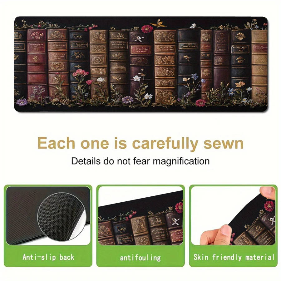 1pc 30x60cm Vintage Bookshelf Design Extended Mouse Pad Durable Washable Non-Slip Rubber Base