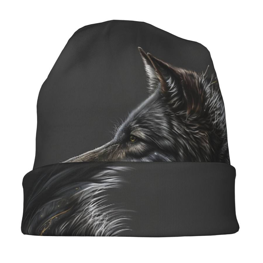 1pc Hip Hop Beanie Hat with Night Moon Wolf Greeting Skull Cap Design Fashionable Knit Polyester a