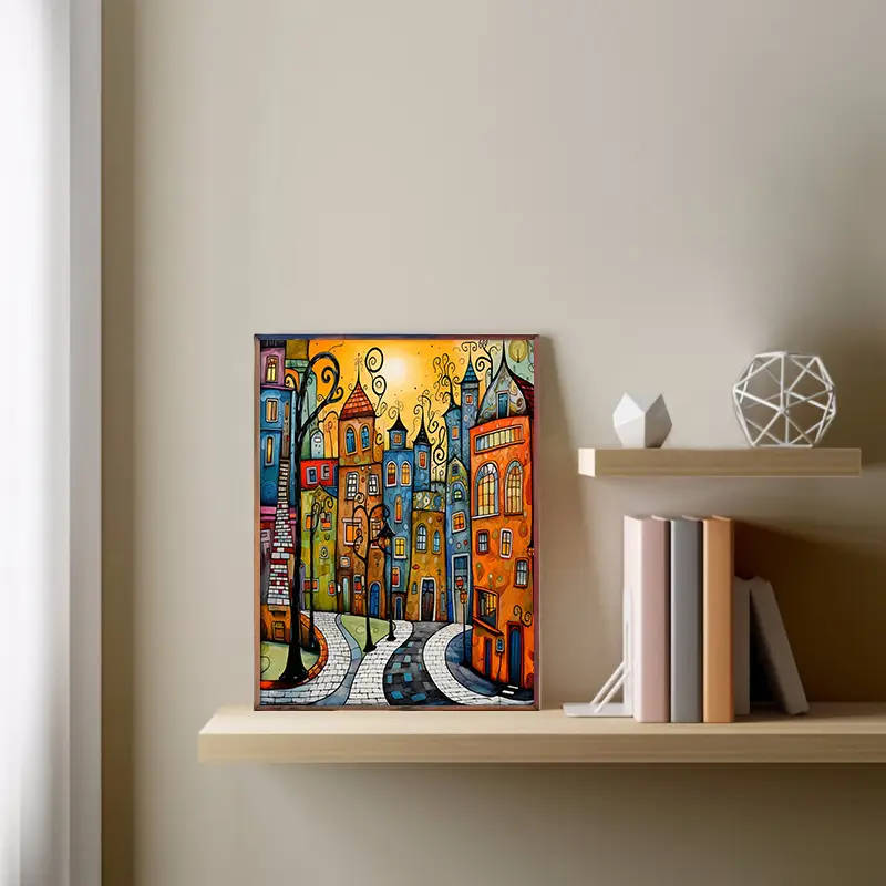 1pc Vibrant Frameless Canvas Art Print Whimsical Street Scene with Colorful Buildings Ideal for Fest
