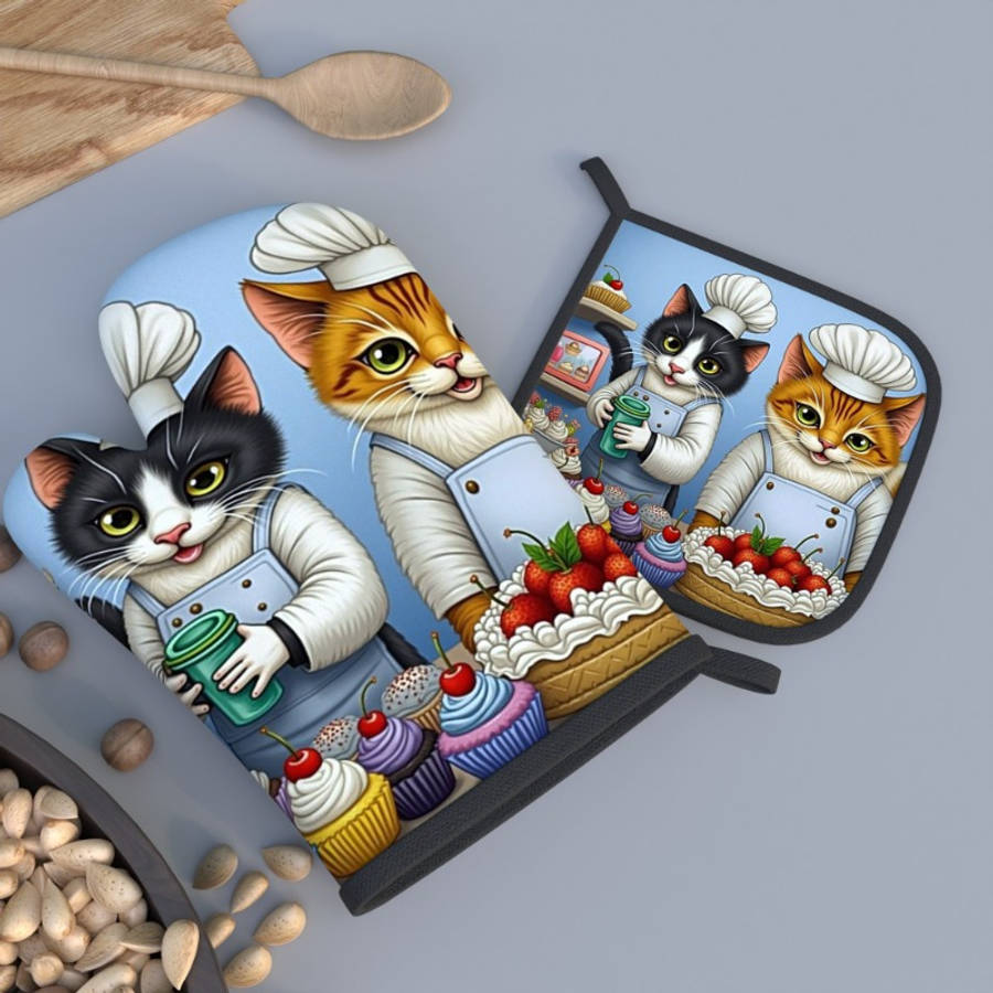 2pcs Cute Cat Chef Oven Mitts Heat Resistant 10.6x6.7 Inch Polyester Kitchen Gloves for Cook