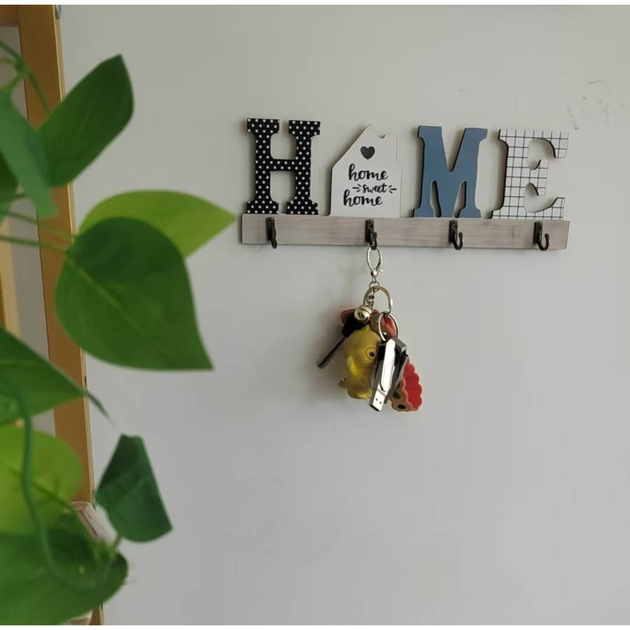 Rustic Wooden Floating Frame Hook Wall DecorAntique Key Holder with HOME Sign Easy Install Entry