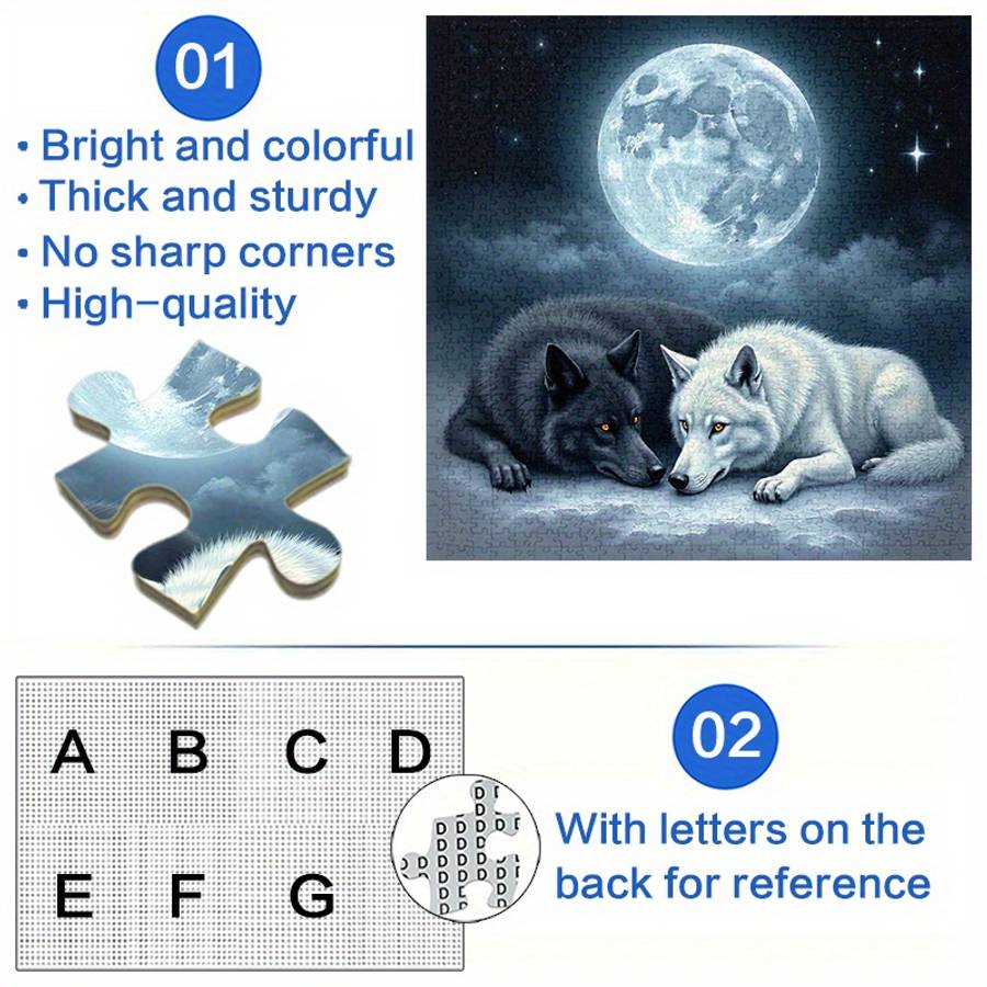 1000pcs Black White Wolves Under the Moon Jigsaw Puzzle Large Waterproof Paper P