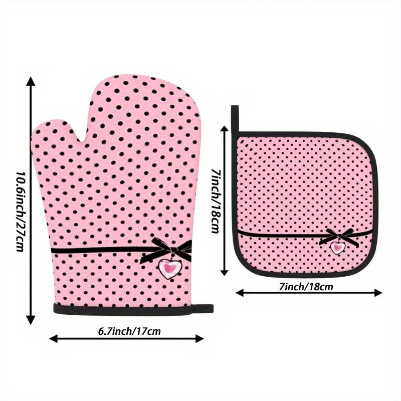 2pcs Chic Pink Polka Dot Oven Mitts Pot Holders with Heart Bow Detail Heat Resistant Machi