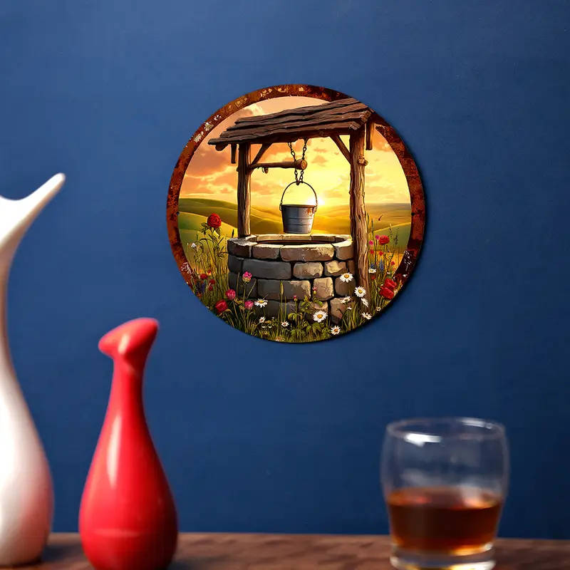 1pc Room Decor Rustic Well Sunset Aluminum Wall Art Circular Foil Engraving Sign 19.81 cm Ideal for