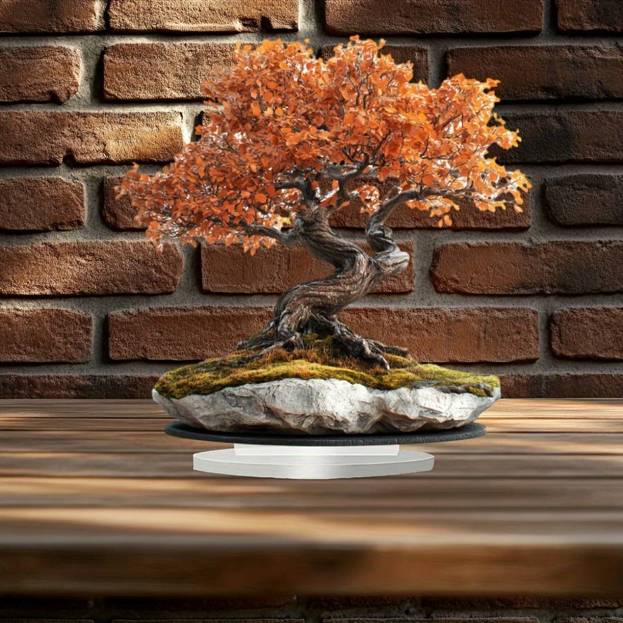 2D Flat Acrylic Bonsai Tree With Golden Leaves Sturdy Stone Base Bohemian-Style De