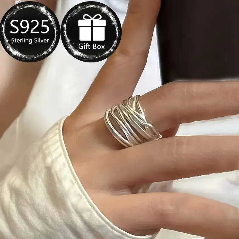 925 Silver Ring, Women's Wire-Wrapped Open Adjustable Matte Wide Thumb Ring
