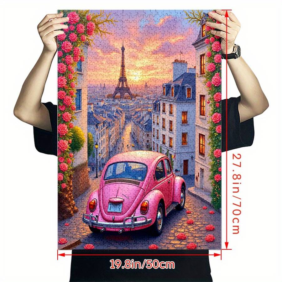 1000pcs Parisian Eiffel Tower Pink Car Jigsaw Puzzle Scratch-Resistant Waterproo