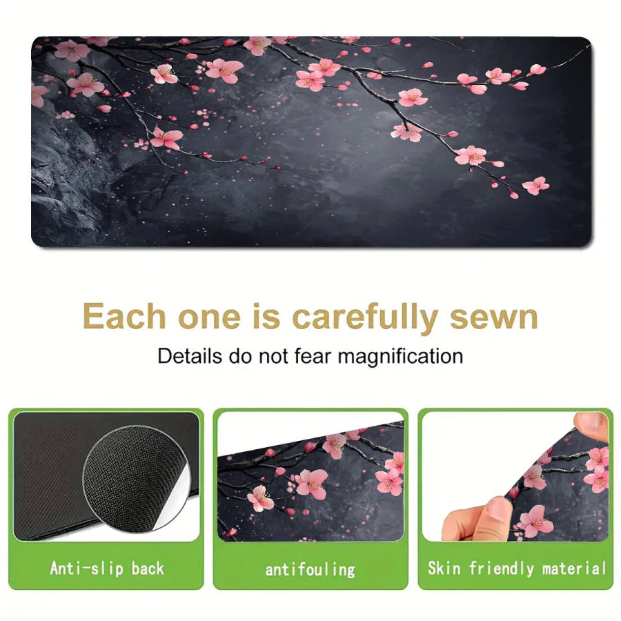 30x80cm Cherry Blossom Gaming Mouse Pad Dark Aesthetic Design with Pink Flowers