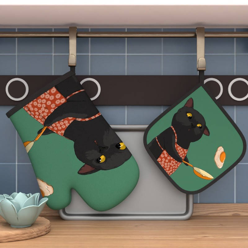 2pcs Cute Black Cat Oven Mitts Pot Holders Heat Resistant Polyester Machine Washable Pl