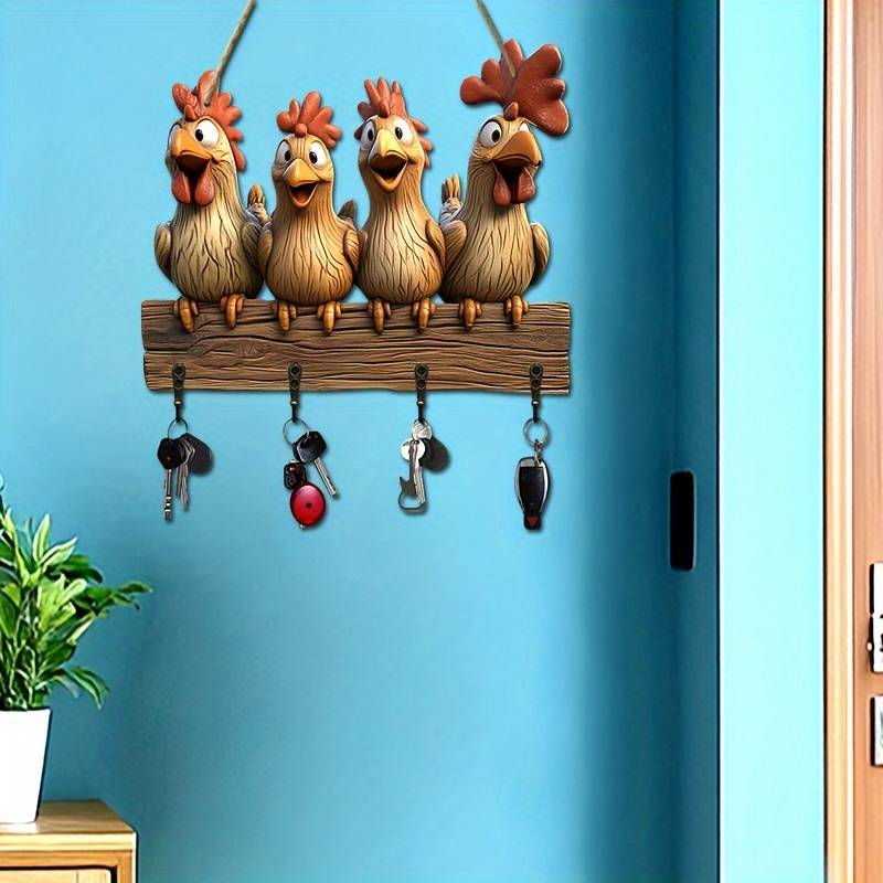 Charming Cartoon Hen Wooden Key Holder With 4 Metal Hooks