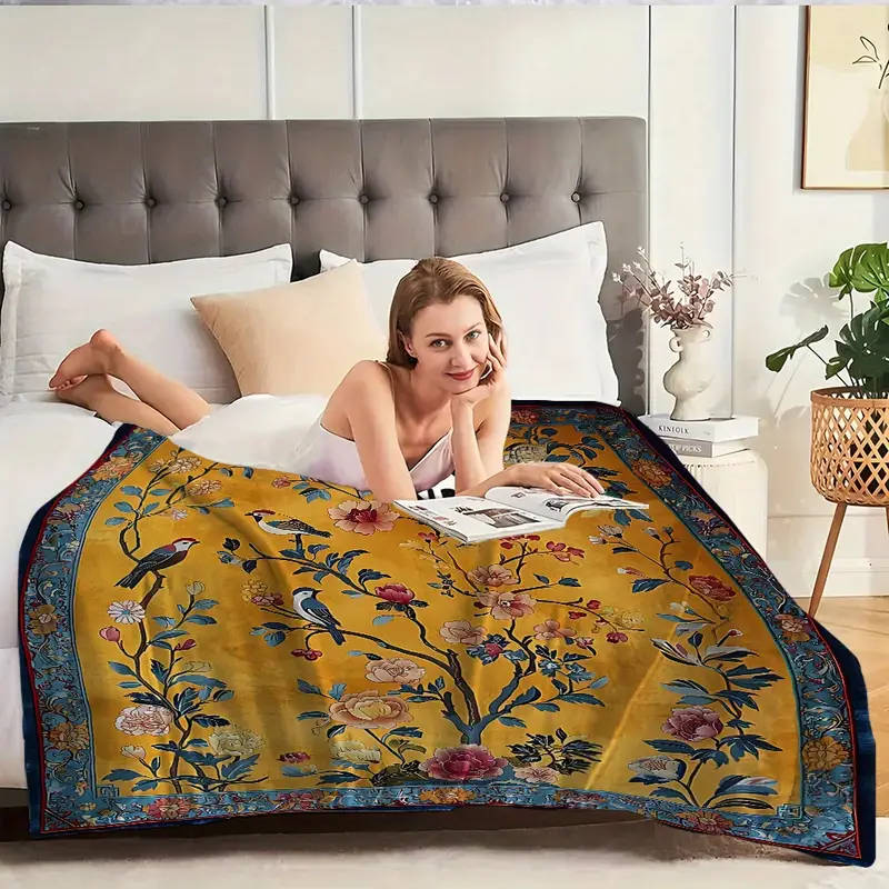 1 Bohemian Floral And Bird Print Flannel Blanket 130*150cm