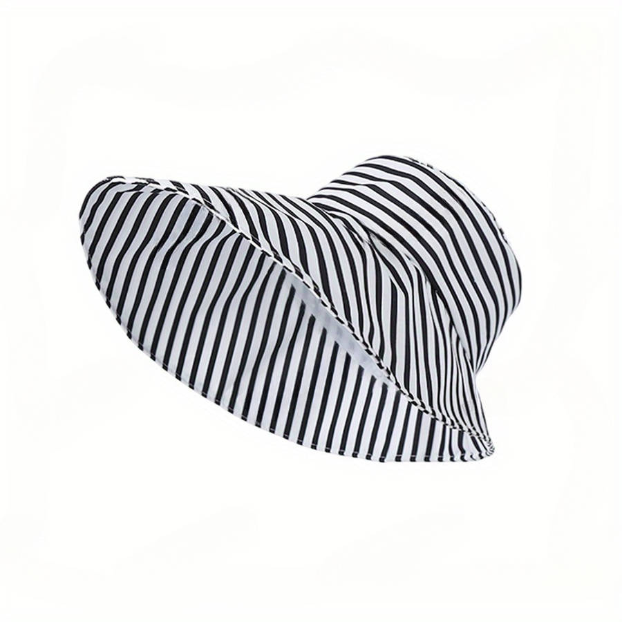 Black White Striped Wide Brim Bucket Hat Lightweight Breathable Sun-Protective Fisherman