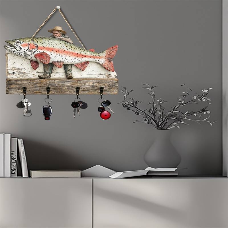 1 Piece2Dflat Fisherman and Rainbow Trout Wooden Signs Simple Colored Wooden and Home Keychain wi