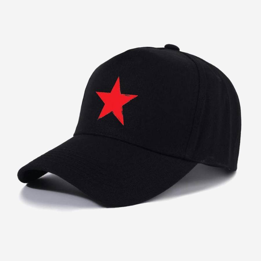 1pc 100% Cotton Adjustable Baseball Cap with Red Star Design Sun Protection Machine Washable Bla