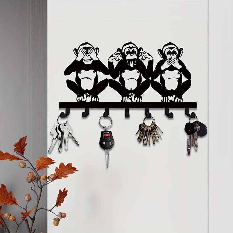 Charming Three Monkeys Metal Wall Art with Key HookEasy to Install Suitable for Jacket