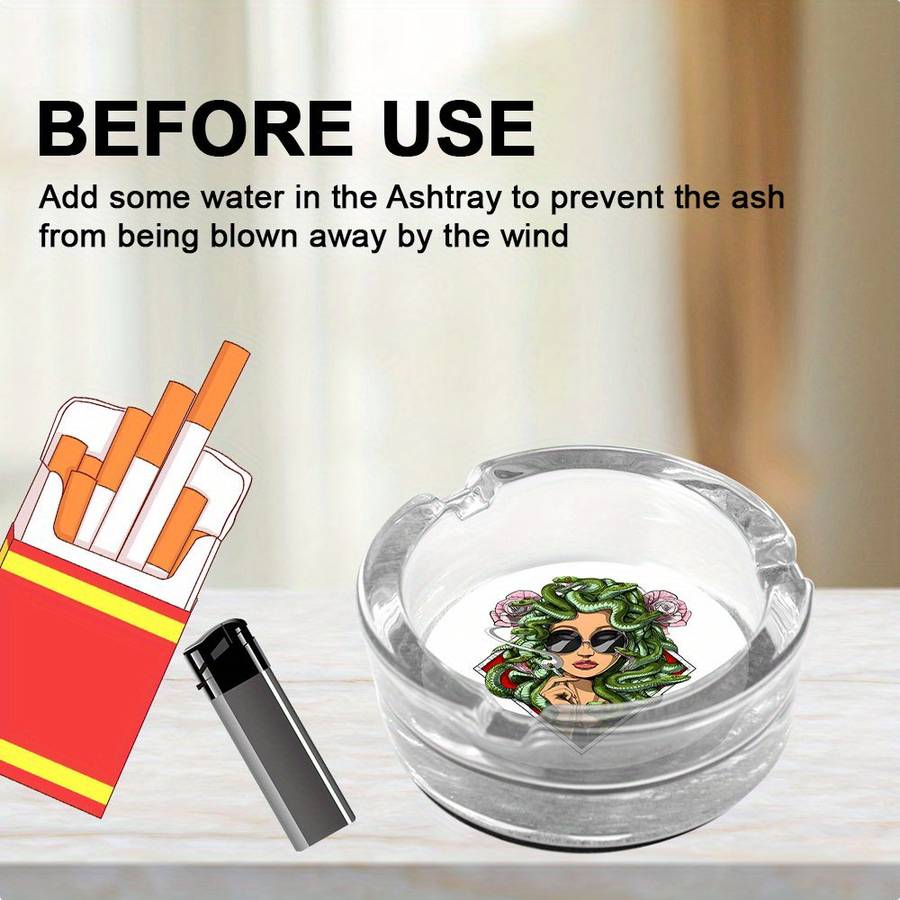 1pc Medusa Art Glass Ashtray with Anti-Slip Base Emerald Serpent Blossom Motif Crystal Clear R