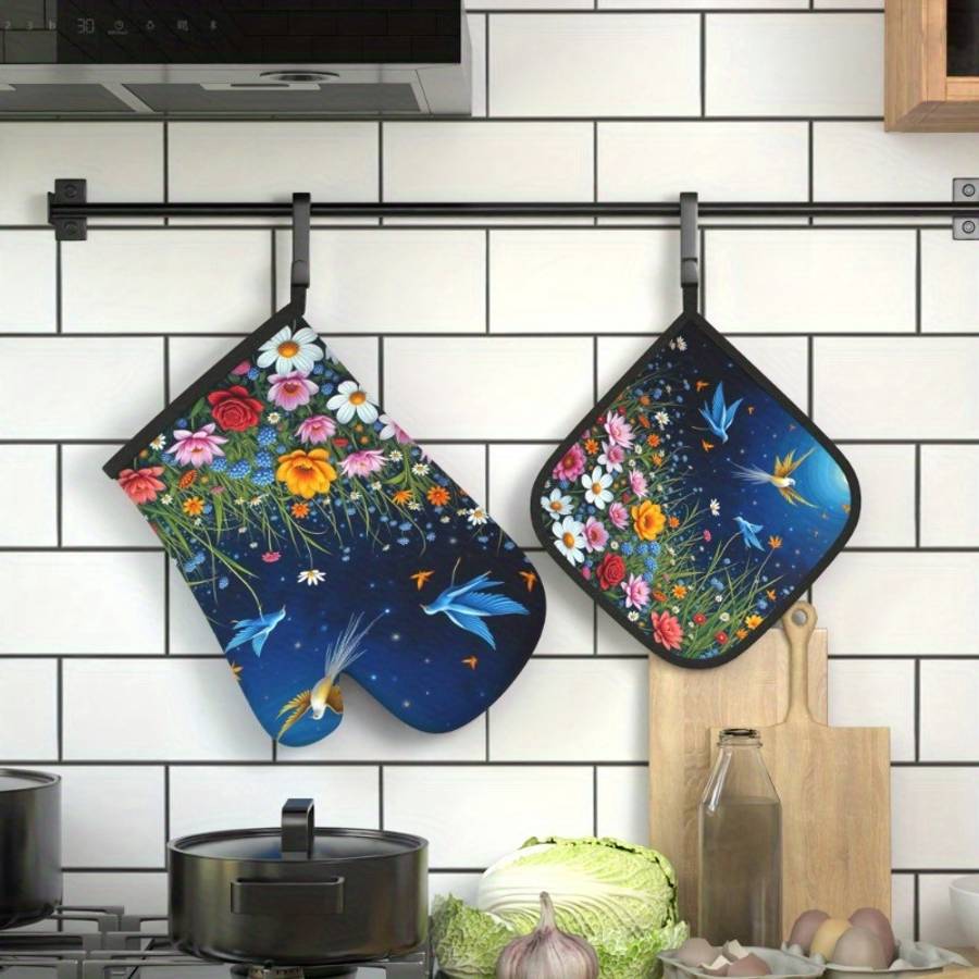 2pcs Set Colorful Floral Bird Design Polyester Oven Mitts and Potholders Heat Resistant Mac