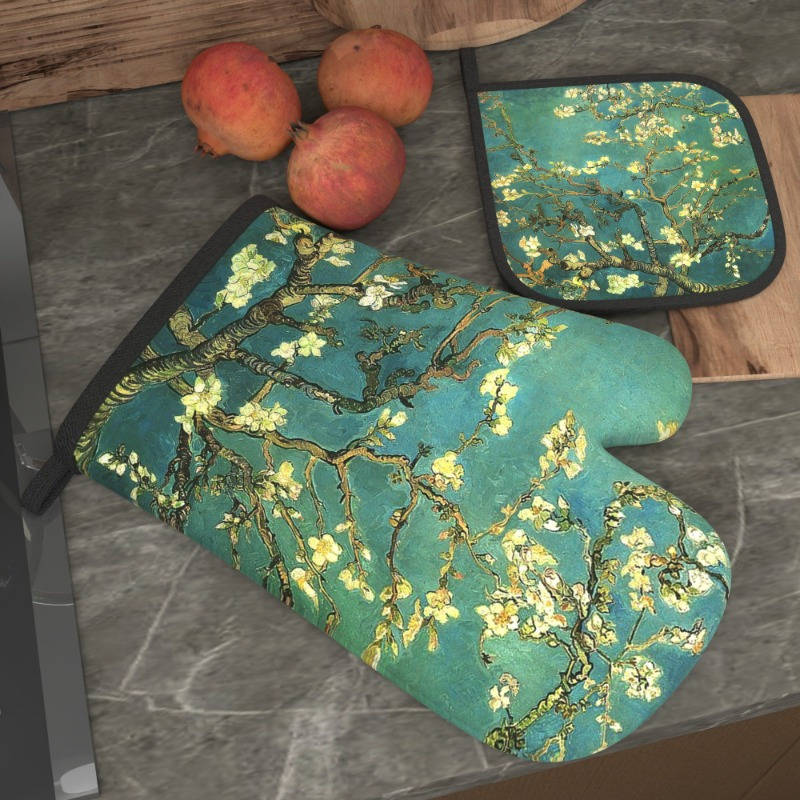 2pcs Heat-Resistant Oven Mitts with Apricot Tree Branch Design 26.92x17.02 cm Polyester Kitch