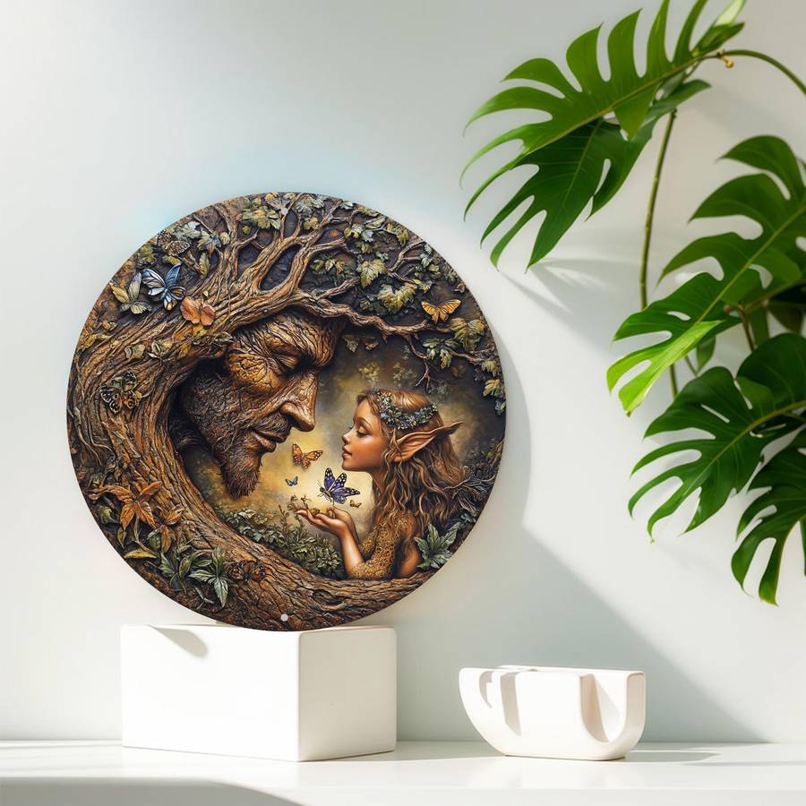 2D Flat 20.32X20.32Cm Round Wooden Wall Art Vintage Tree And Flower Fairy Sign